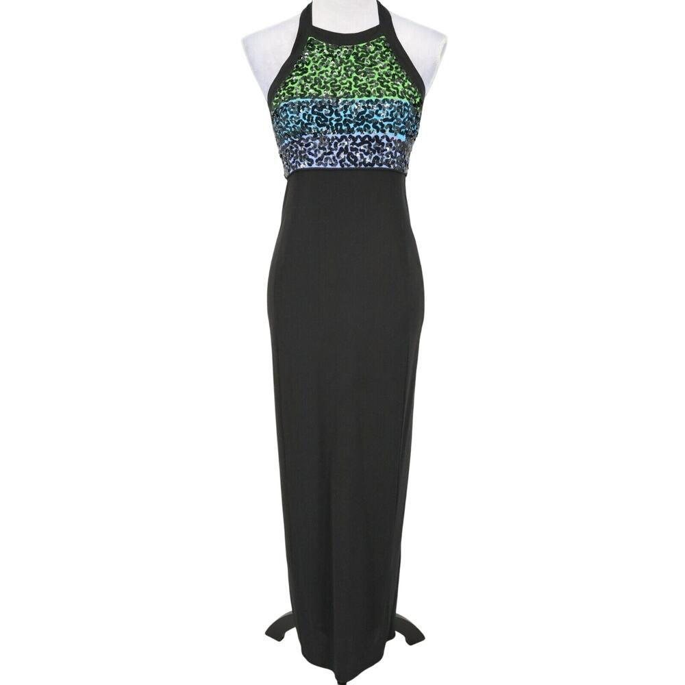 Bieff Basix Gown Womens 4 Silk Black Green Blue Dress Sequins Halter Vintage
